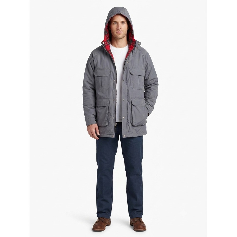 Vintage Woolrich‎ Mountain Parka Jacket Mens L Grey Hooded Full Zip Plaid Lined